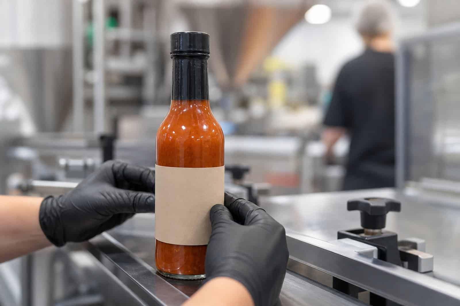 Custom hot sauce label being applied to a bottle on a production line
