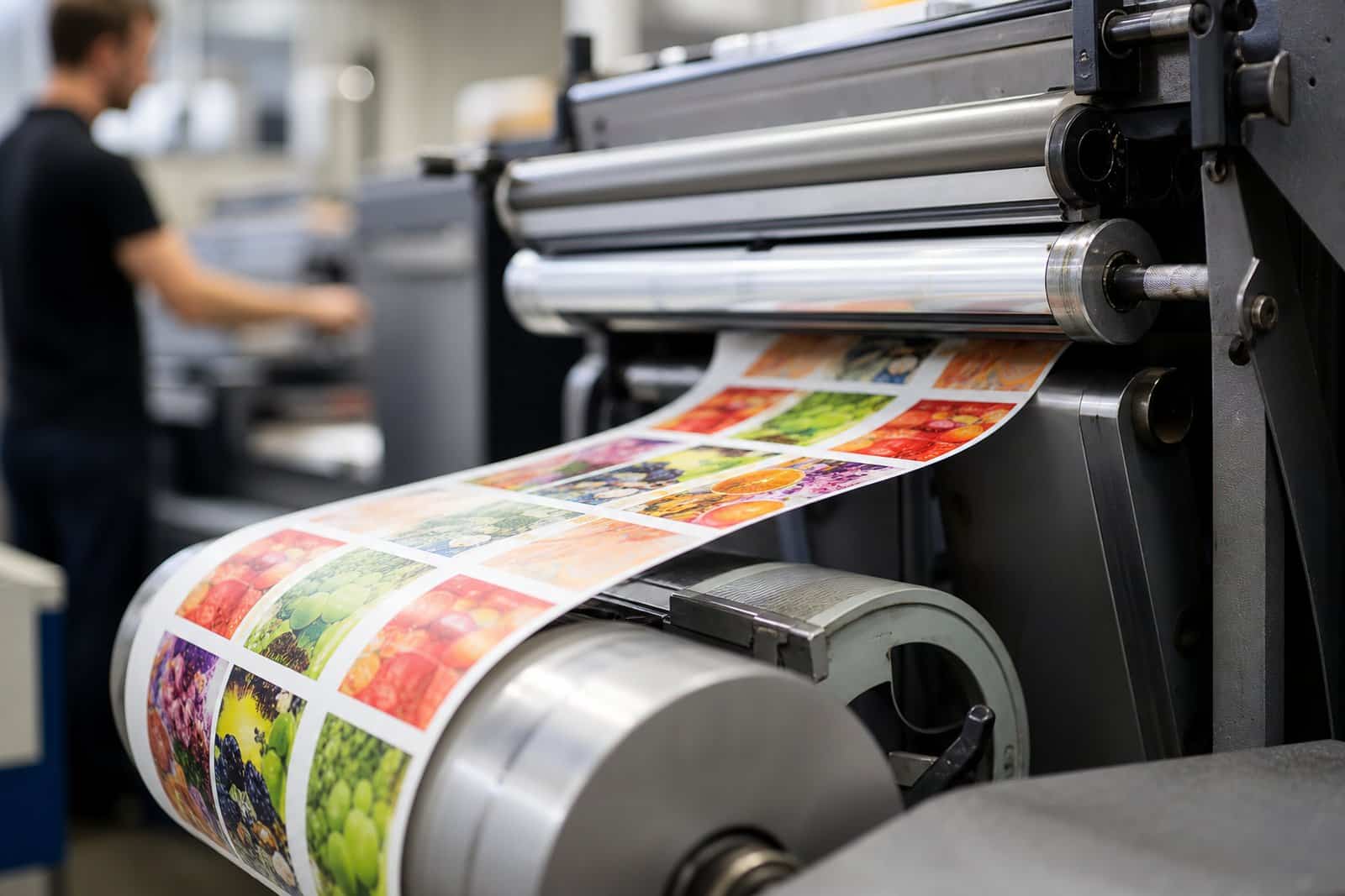 Full-color custom labels running through a printing press on a roll