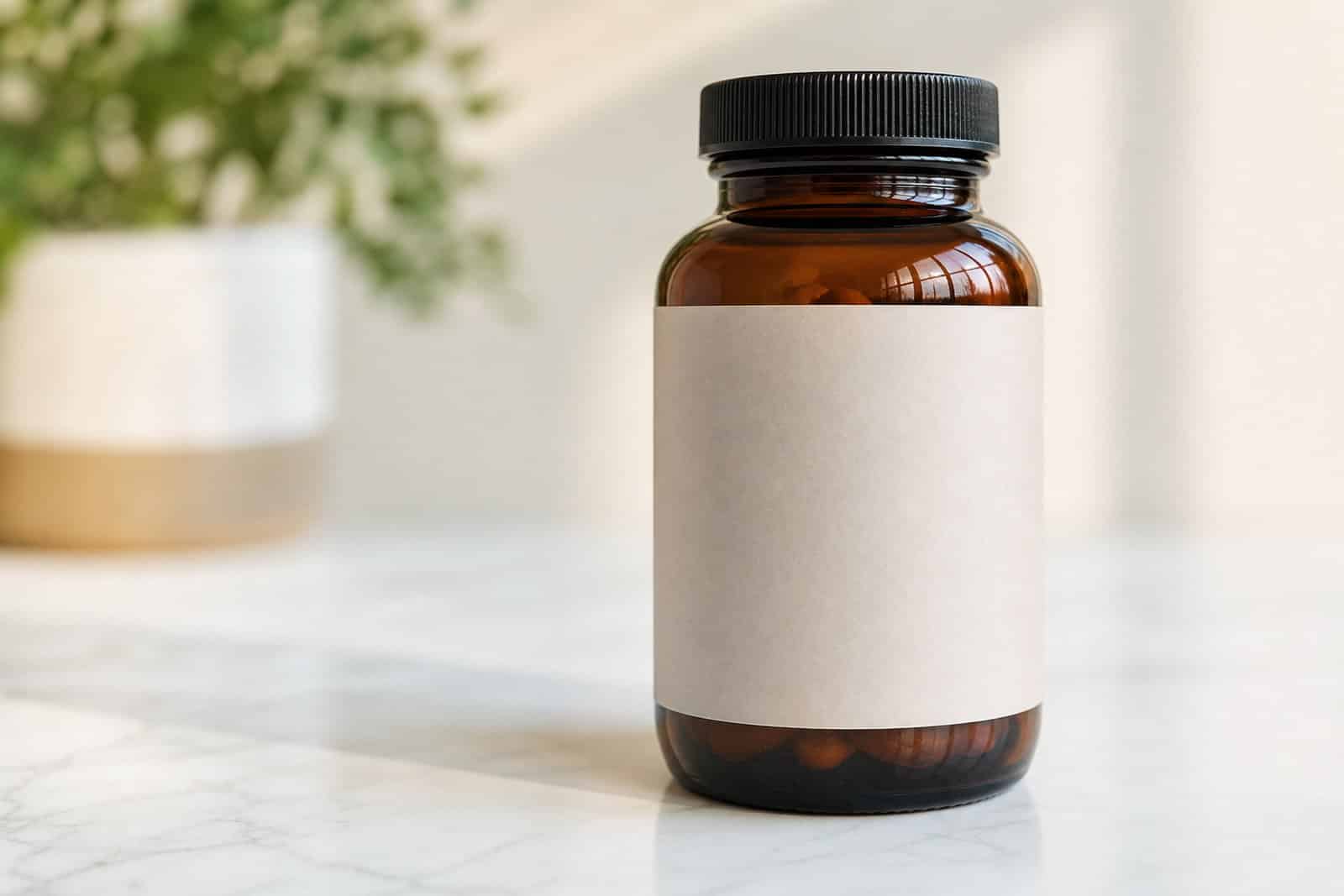 Amber glass supplement bottle with a custom pressure-sensitive label