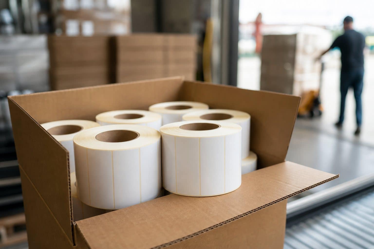Carton of blank thermal label rolls wound on cores, staged at a shipping dock