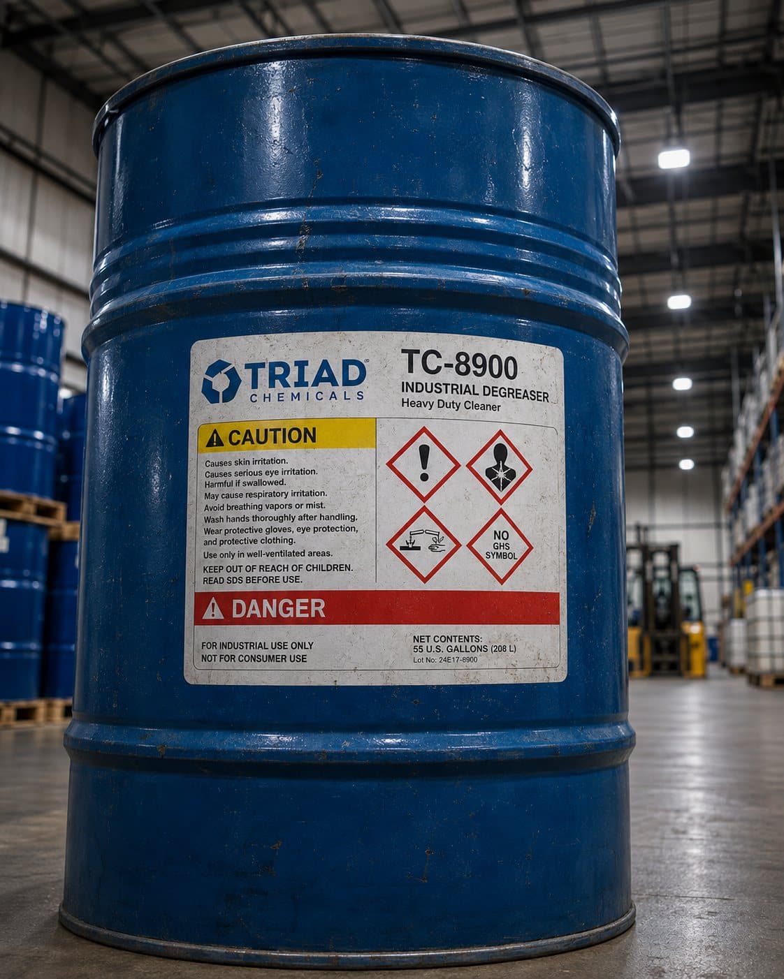 Steel chemical drum in a warehouse carrying a GHS hazard label with pictograms and precautionary statements