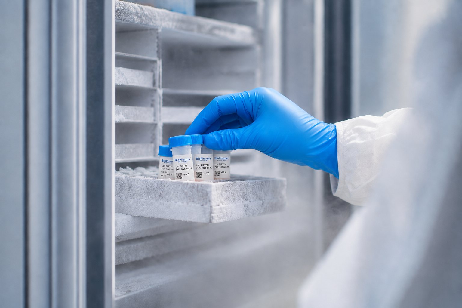 Gloved hand removing labelled vials from a frost-covered rack inside an ultra-low temperature freezer