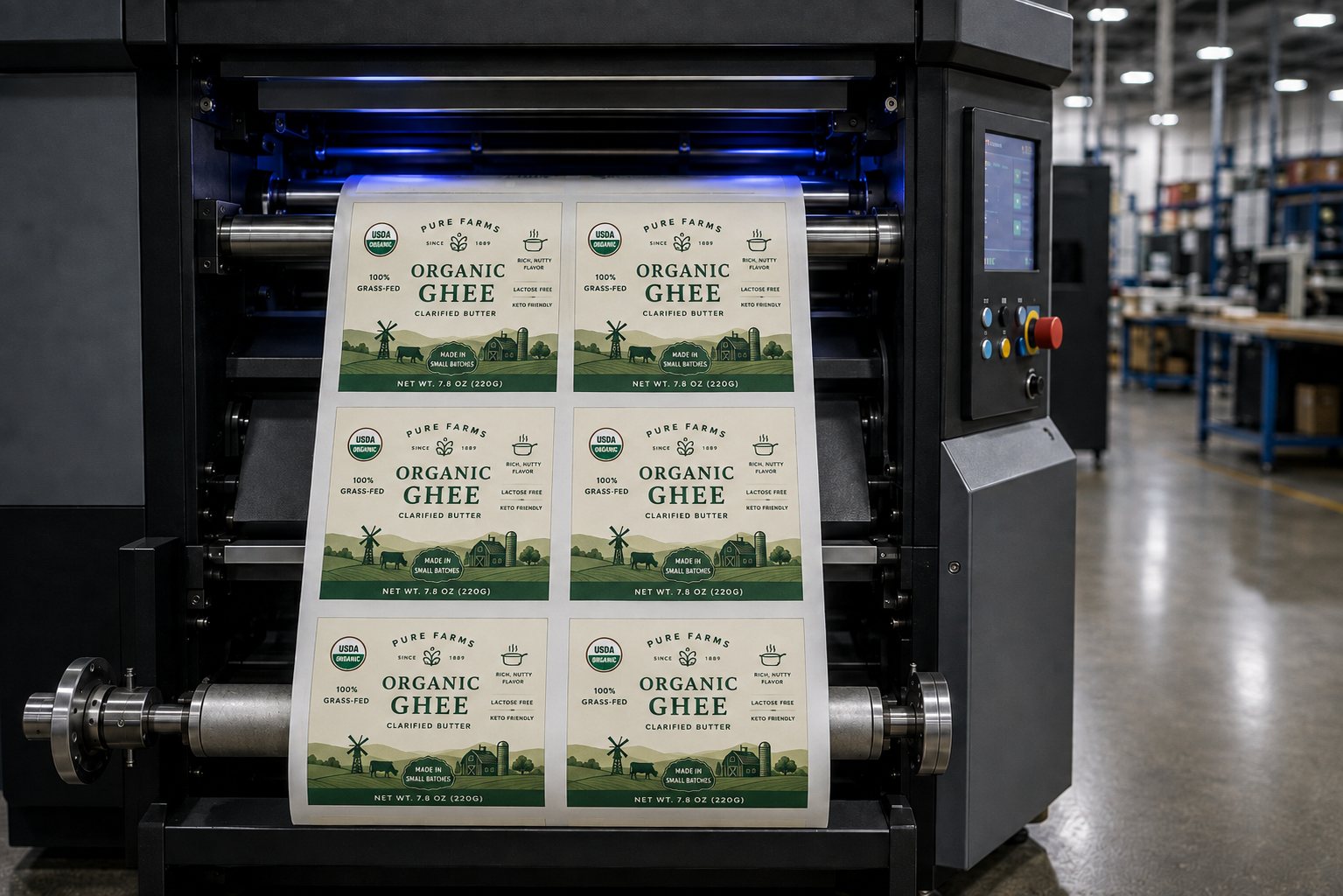 Digital label press running a web of printed food labels