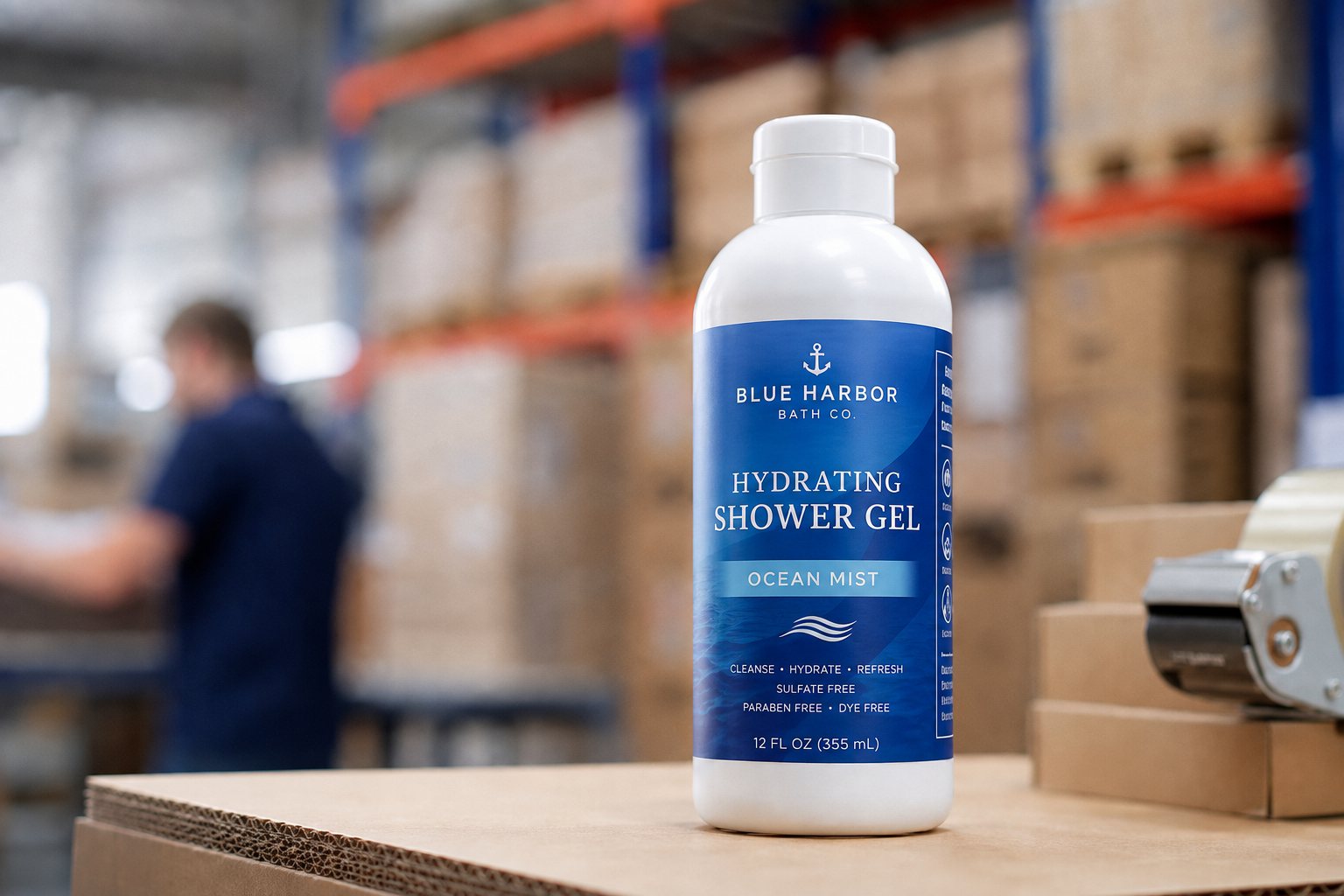 Film-faced pressure-sensitive label on a shower gel bottle in a warehouse, staying legible in a humid handling environment