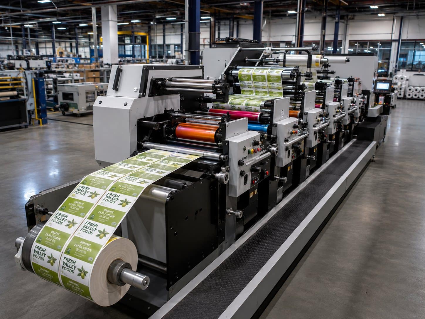 Multi-station flexographic label press running a web of printed labels through inline finishing