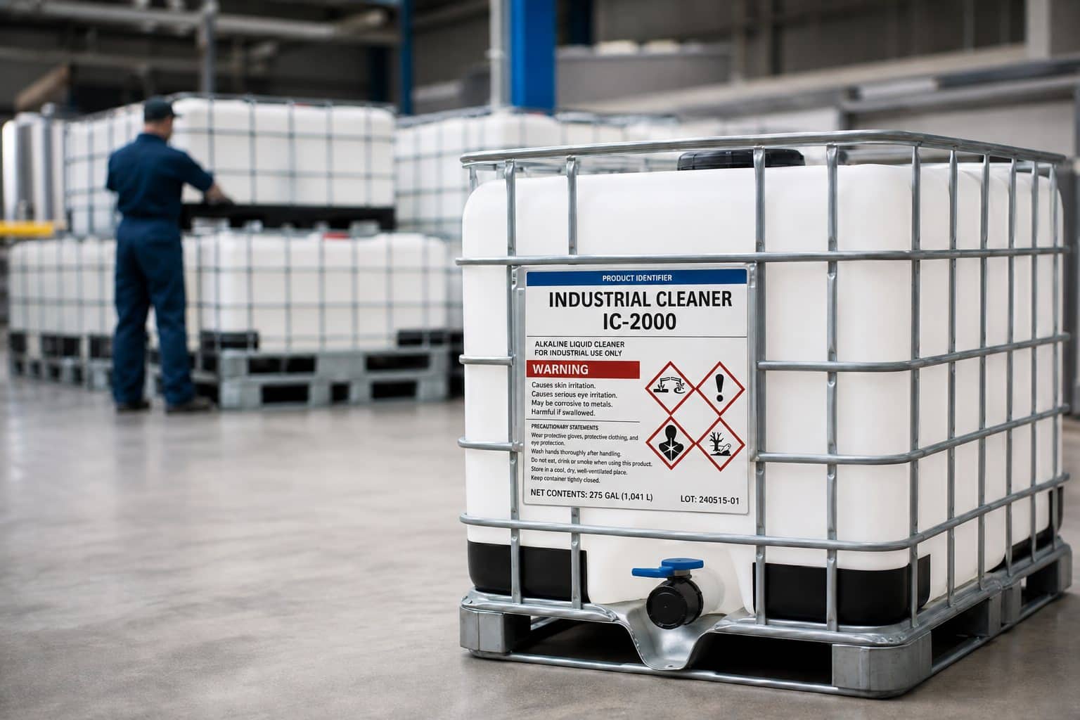 Intermediate bulk container in a warehouse with a GHS-format industrial cleaner label