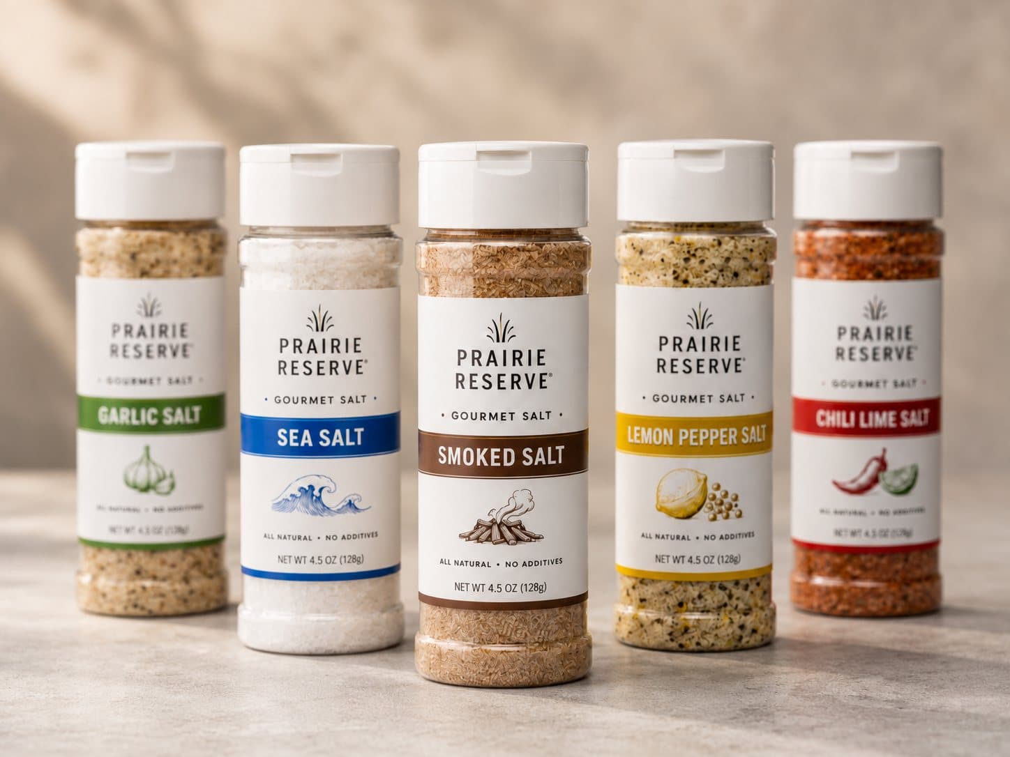 Five gourmet salt bottles from one brand family, each with a different flavour label printed in a single digital run