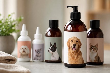 Pet grooming and topical bottles with printed labels on a bathroom counter