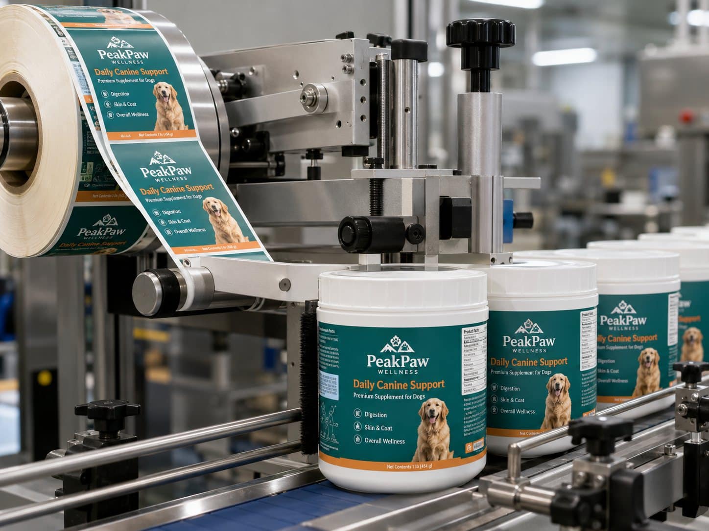 Labelling line applying printed pet supplement labels to tubs on a production conveyor