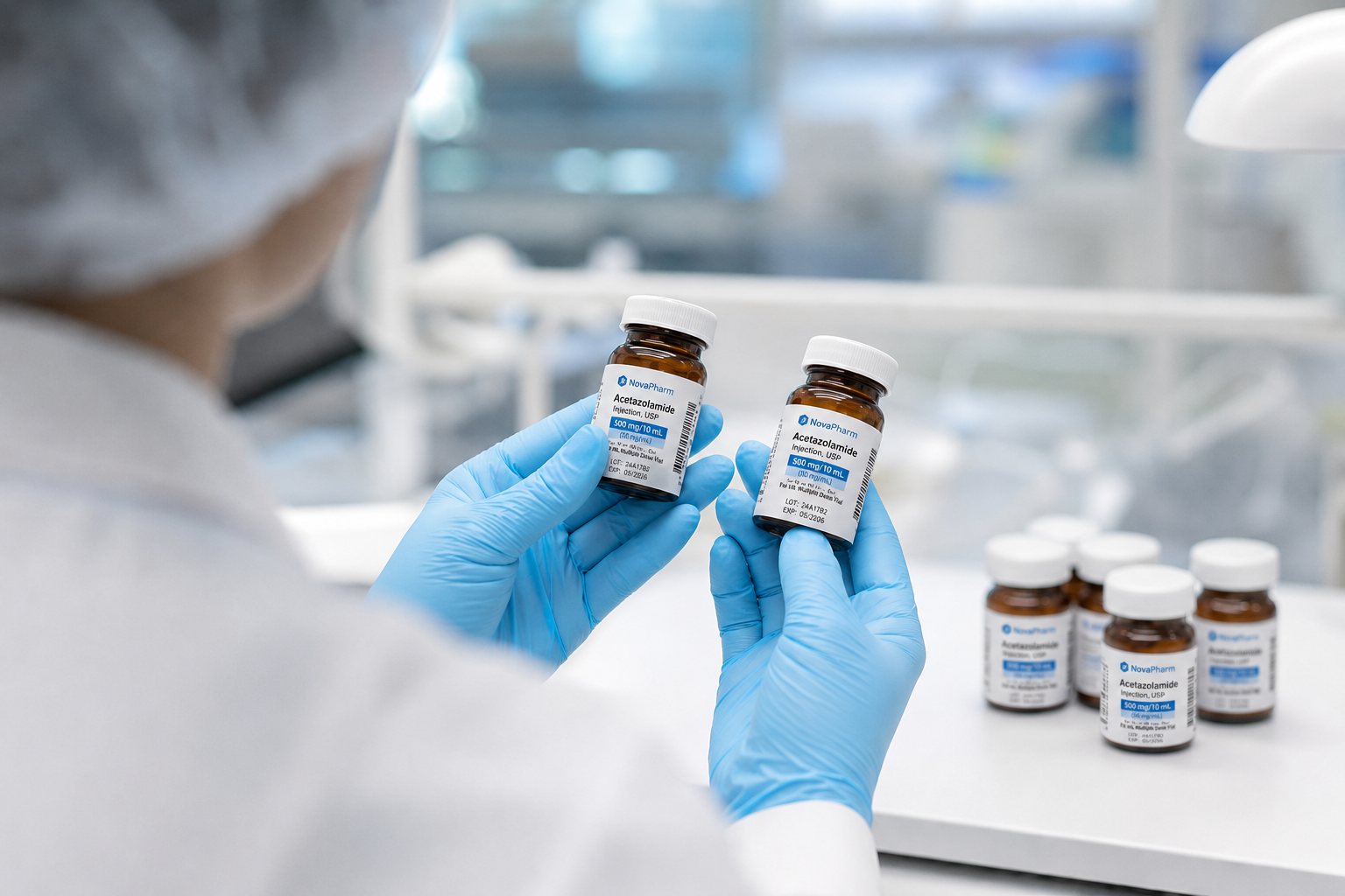 Technician in cleanroom garments inspecting labelled pharmaceutical bottles against retained samples