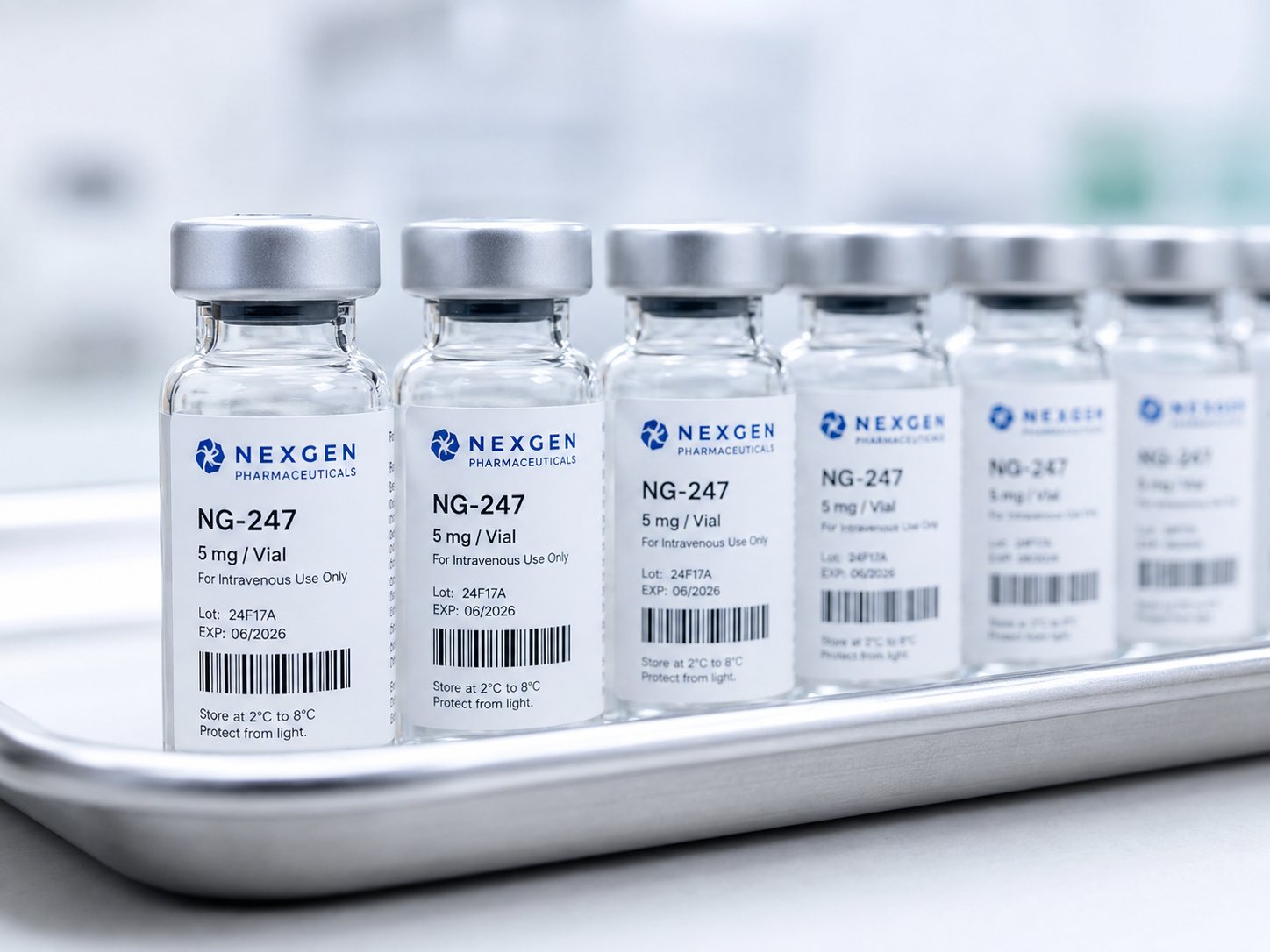 Row of pharmaceutical vials on a tray with labels carrying lot number, expiration date, and storage conditions