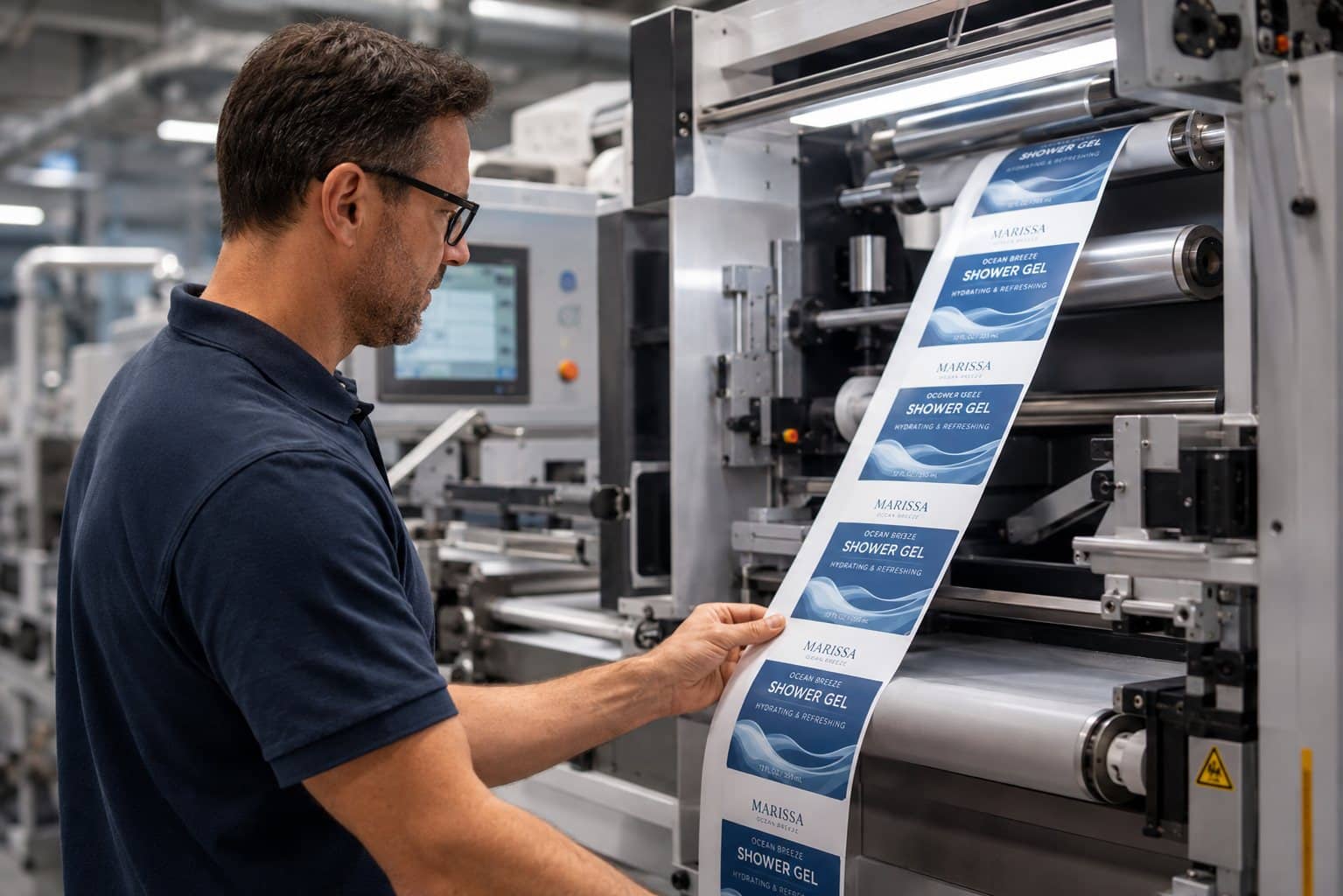 Press operator inspecting a printed web of prime labels coming off the press
