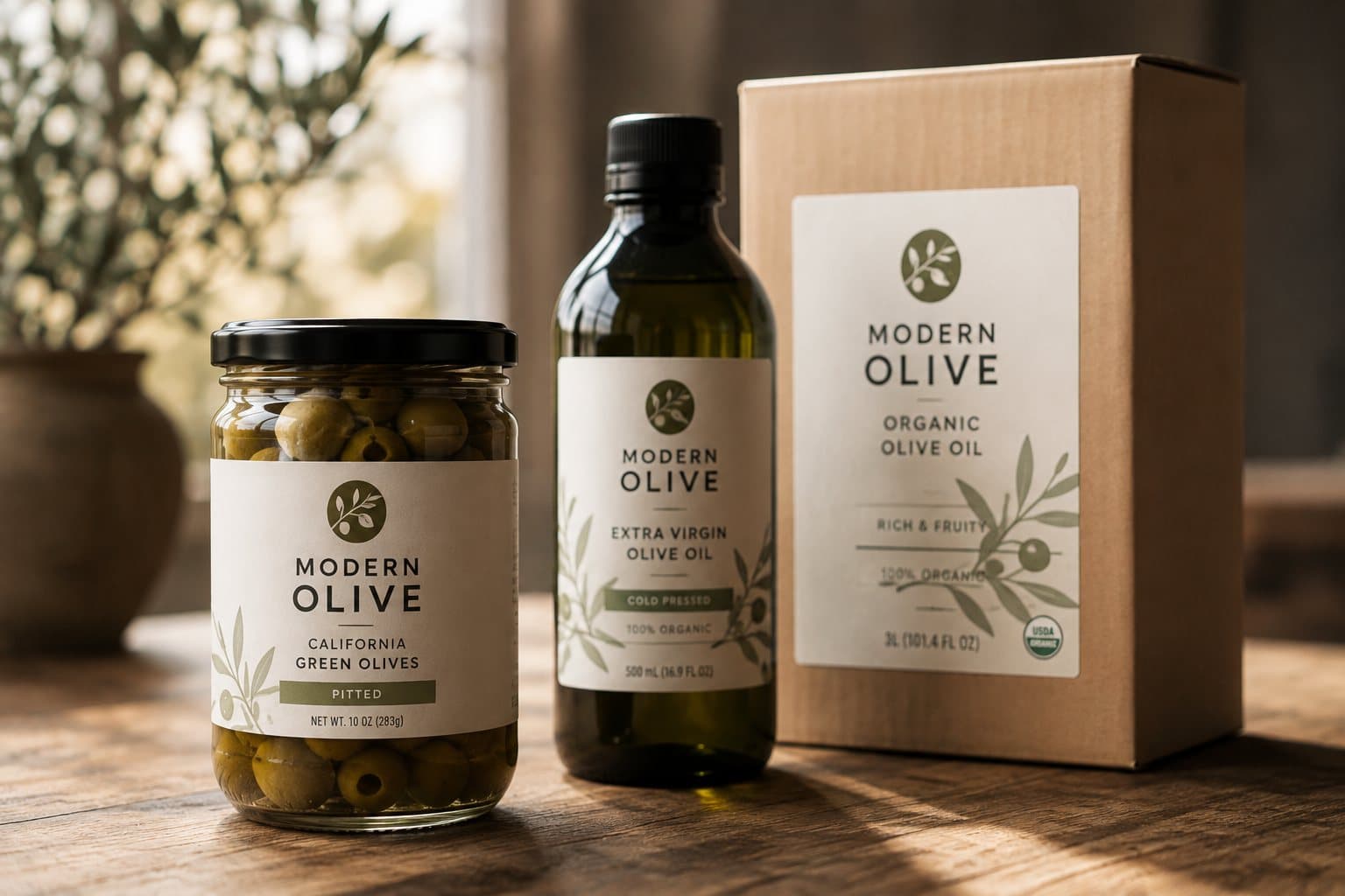 Prime labels on an olive jar, an olive oil bottle, and a carton, showing a consistent brand look across three pack formats