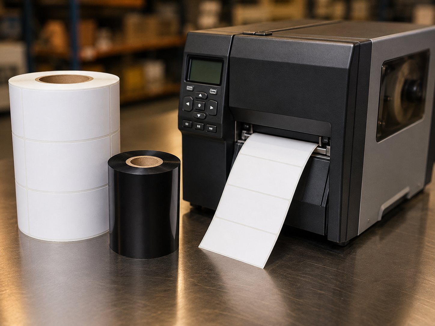 Industrial thermal transfer printer beside a roll of blank labels and a black thermal transfer ribbon