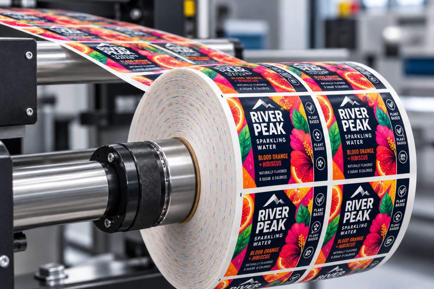 Roll of printed multi-flavor sparkling water labels on a label press unwind