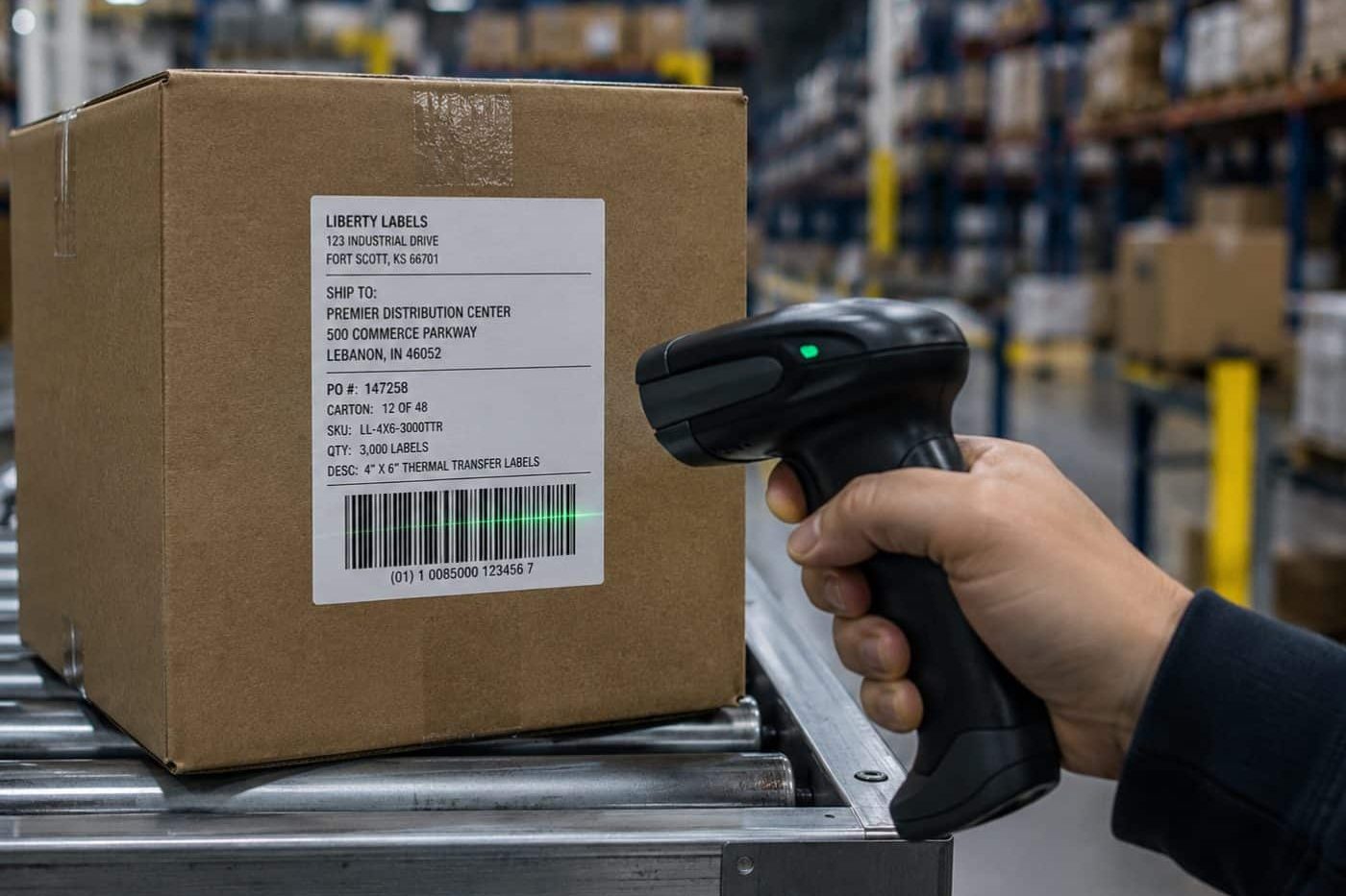 Handheld scanner reading a thermal transfer shipping label on a corrugated carton in a warehouse