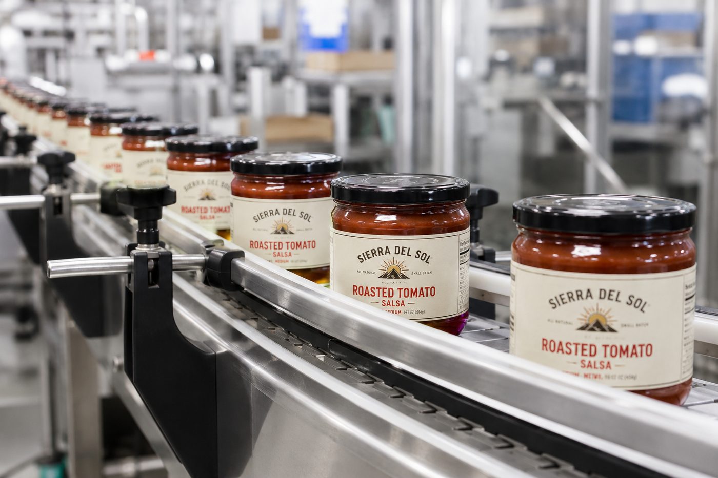 Salsa jars moving along a production line with printed labels applied