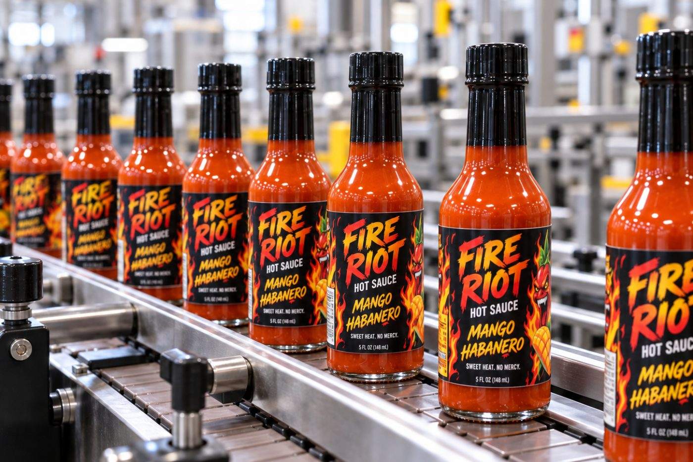 Bottles of hot sauce with printed labels moving along a filling line conveyor
