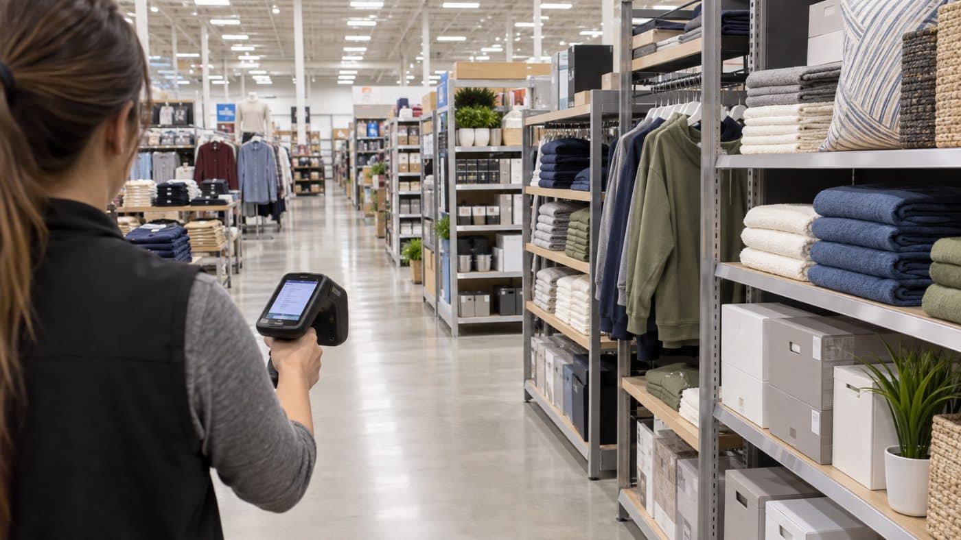 Handheld RFID reader scanning tagged cartons in a warehouse aisle
