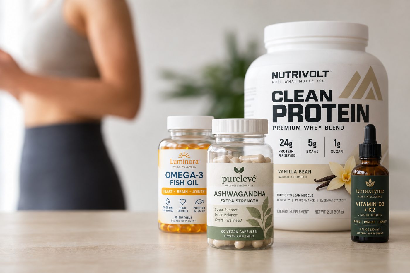 Several supplement bottles with printed labels arranged on a counter
