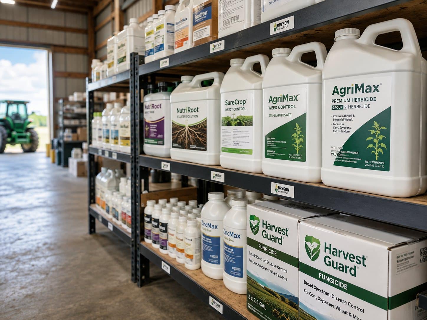 Crop protection jugs and containers on a barn storage shelf with printed labels