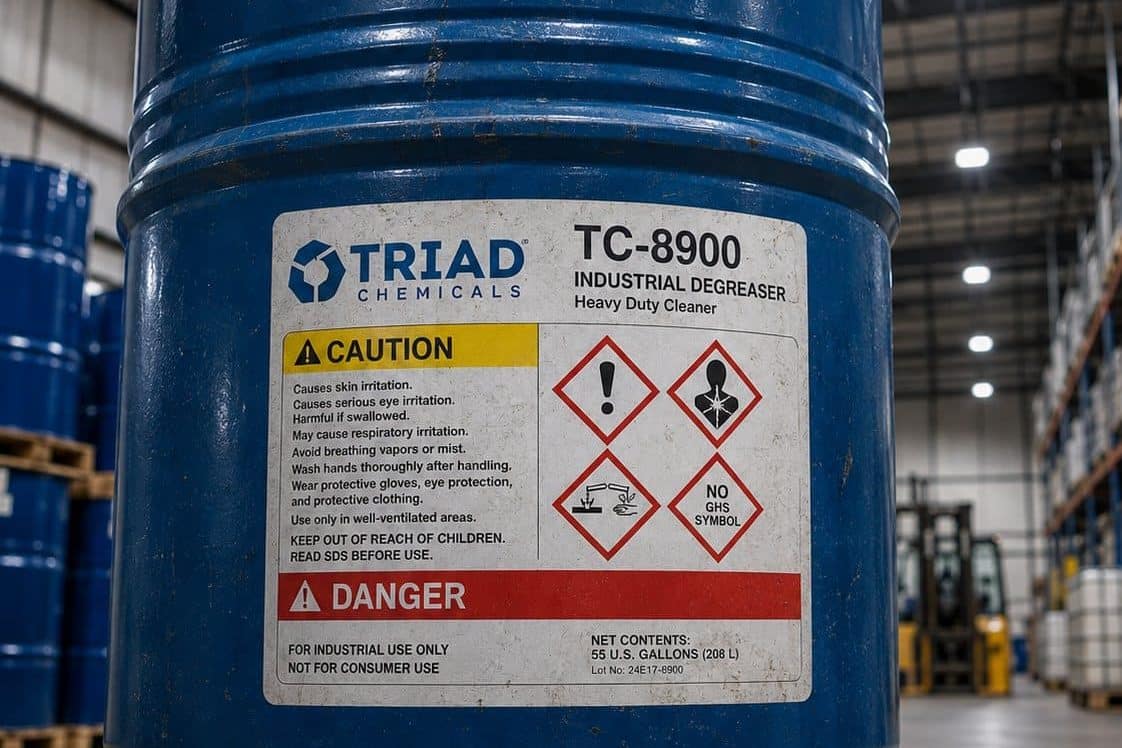 Steel chemical drum in a warehouse carrying a GHS hazard label with pictograms and precautionary statements