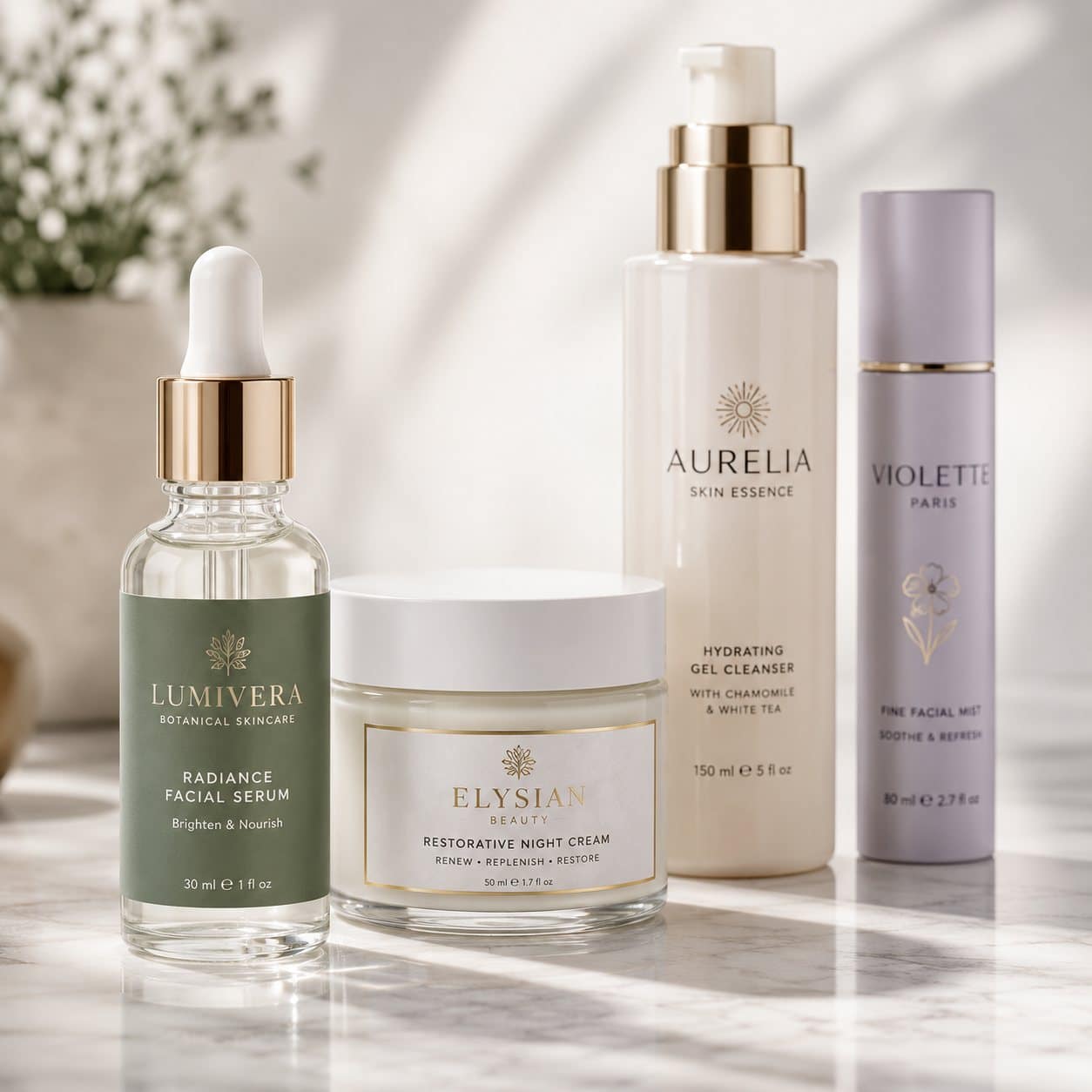 Skincare and personal care product lineup with printed pressure-sensitive labels