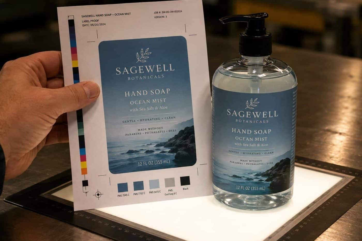 Printed press proof held beside a finished hand soap bottle to check brand colour against the production label