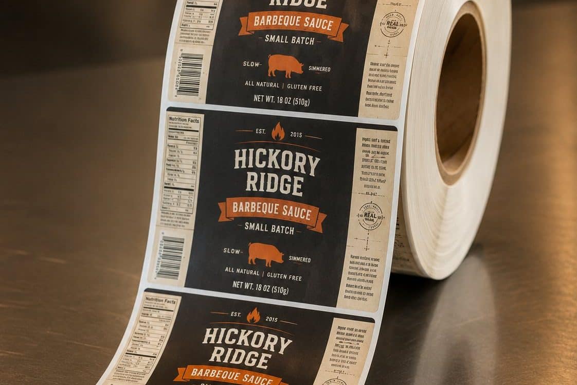Roll of finished prime labels for a barbecue sauce brand coming off the press