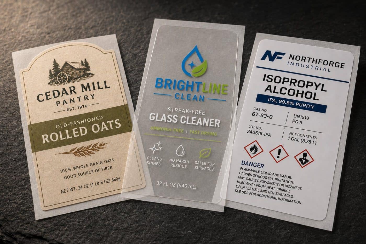 Three finished flexographic labels showing a prime food label, a clear film label, and a GHS chemical label
