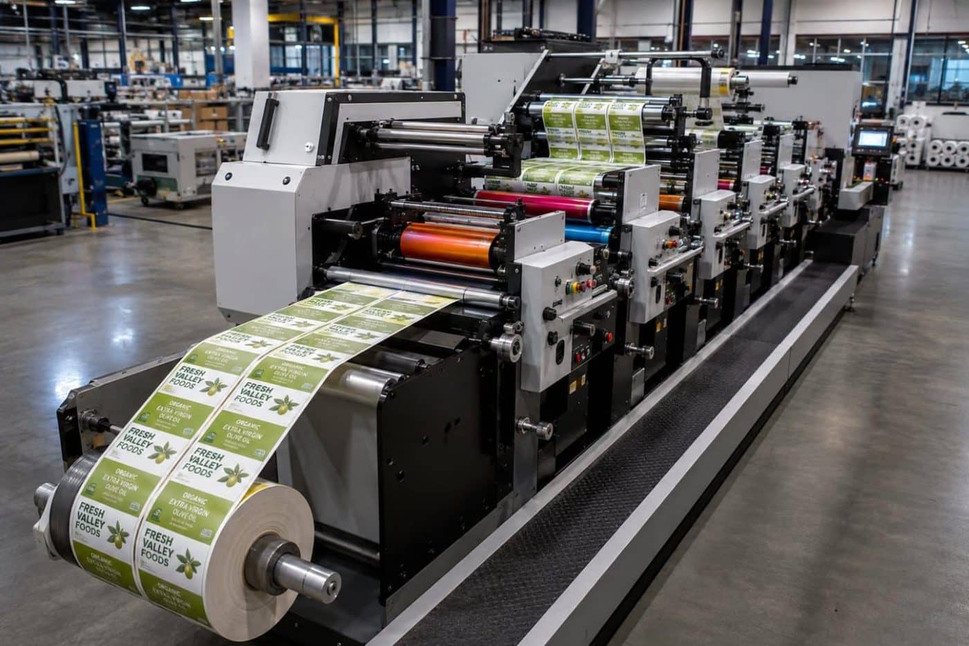 Multi-station flexographic label press running a web of printed labels through inline finishing