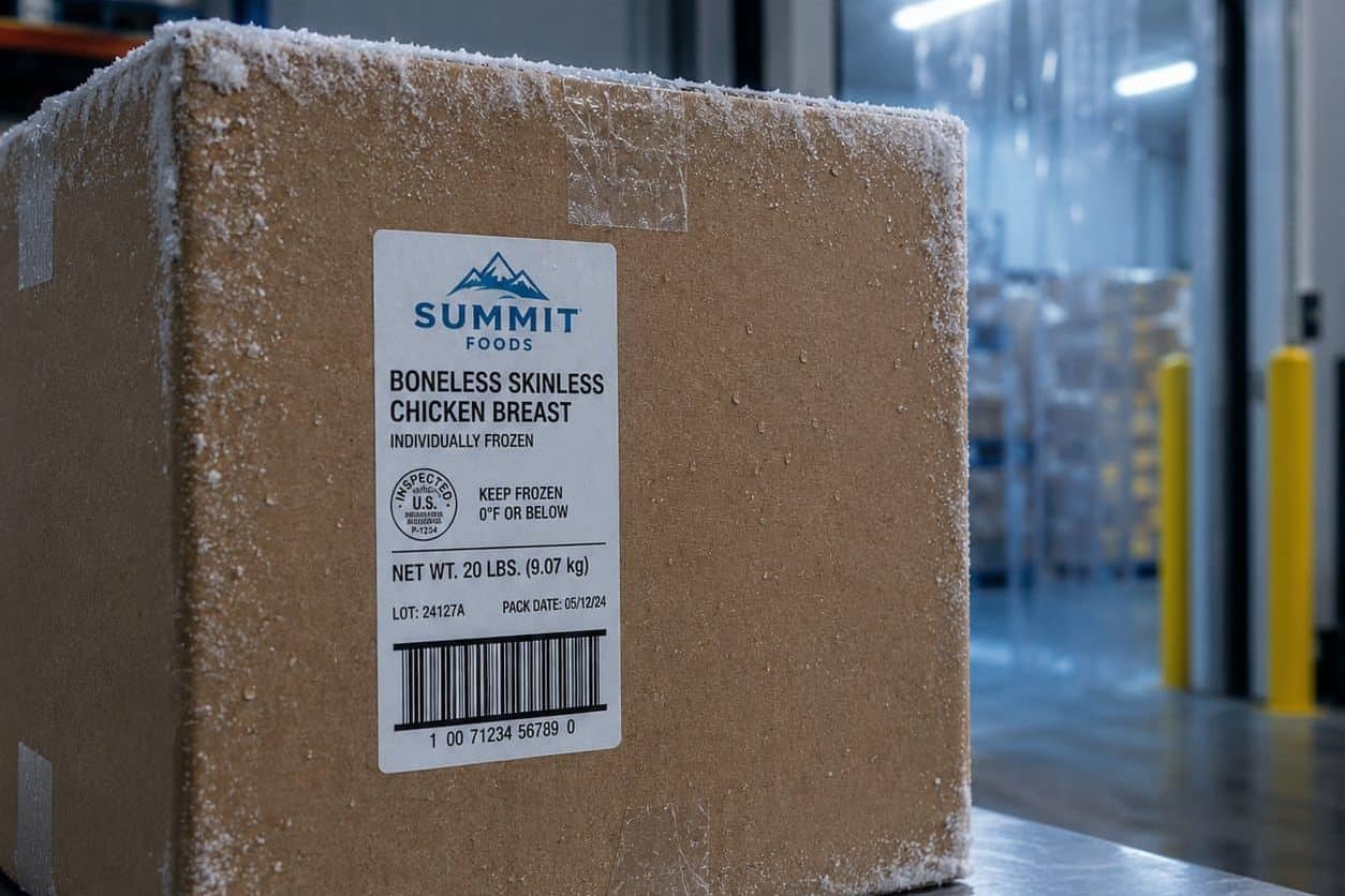 Frost-covered corrugated carton in a freezer with a thermal transfer label showing product name, lot, and barcode