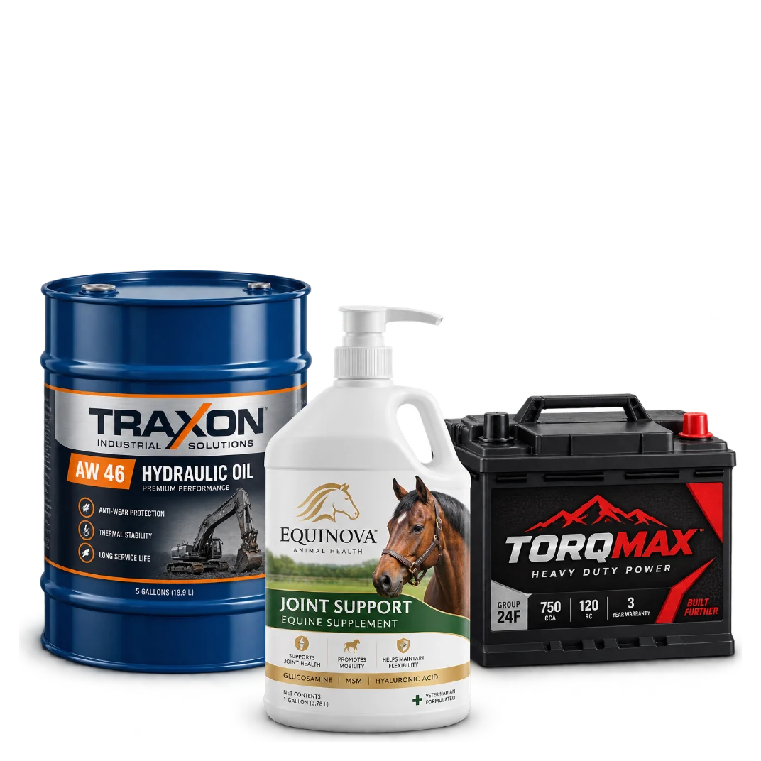 Custom labels on a hydraulic oil drum, equine joint supplement bottle, and vehicle battery
