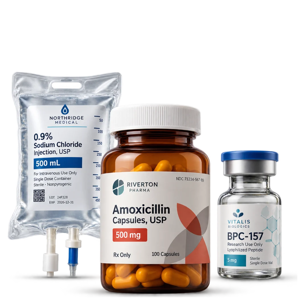 Custom labels on an IV bag, prescription capsule bottle, and injectable vial