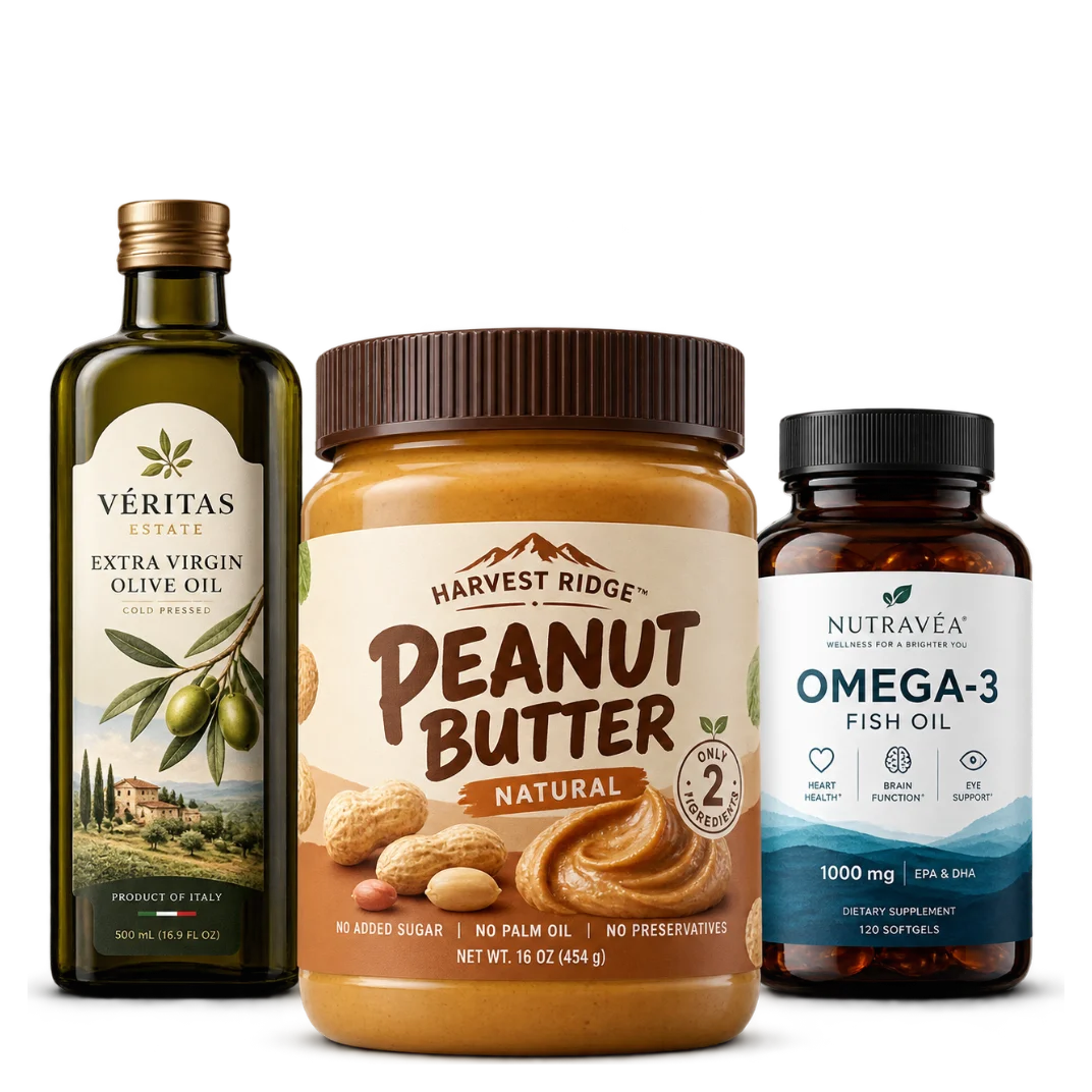 Custom labels on an olive oil bottle, peanut butter jar, and fish oil supplement bottle
