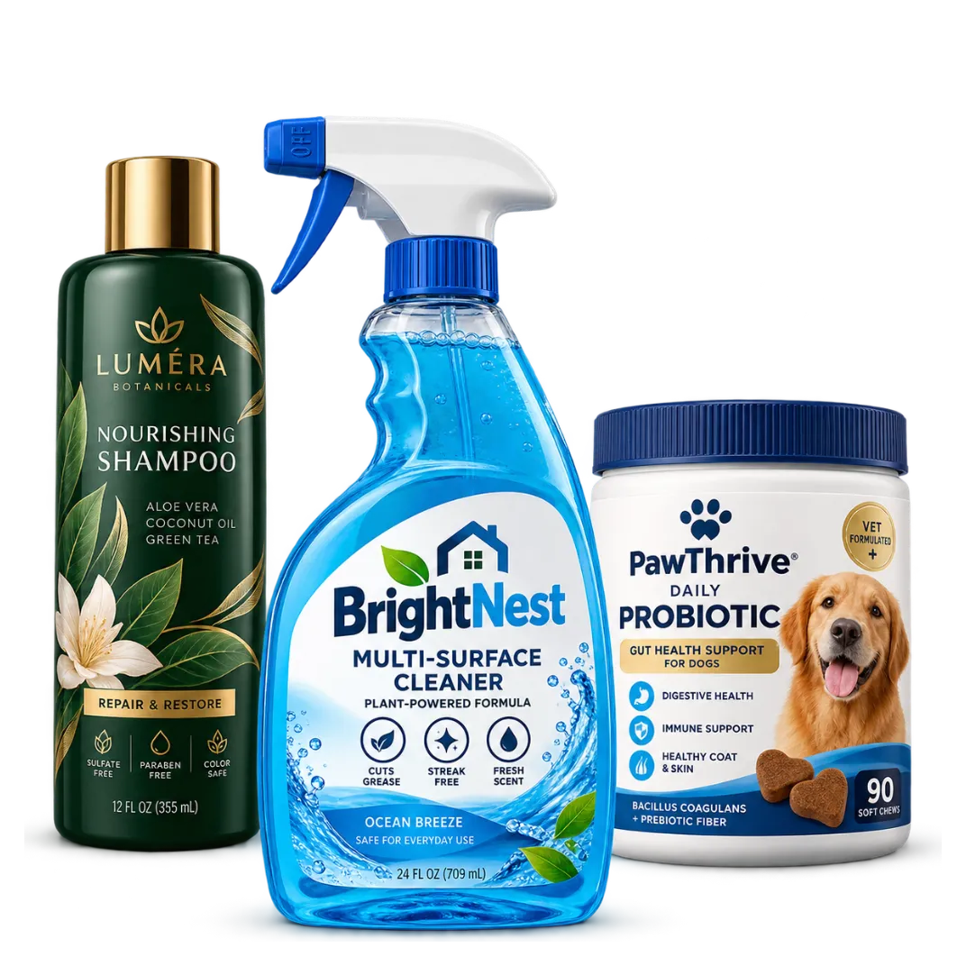 Custom labels on a shampoo bottle, multi-surface cleaner spray bottle, and pet probiotic supplement tub