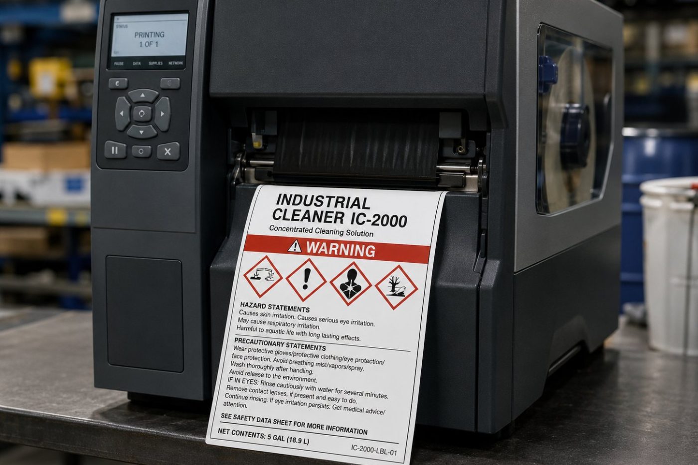 Thermal transfer printer producing a GHS warning label for an industrial cleaner