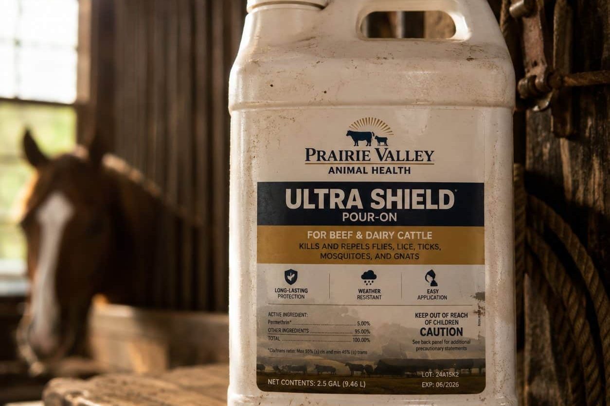 Livestock pour-on animal health container in a barn with a durable label carrying active ingredients and caution panel