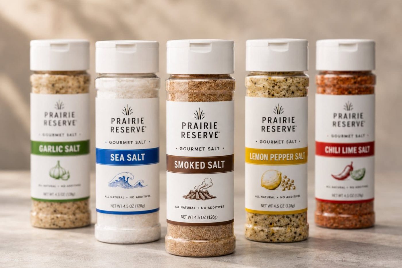 Five gourmet salt bottles from one brand family, each with a different flavour label printed in a single digital run