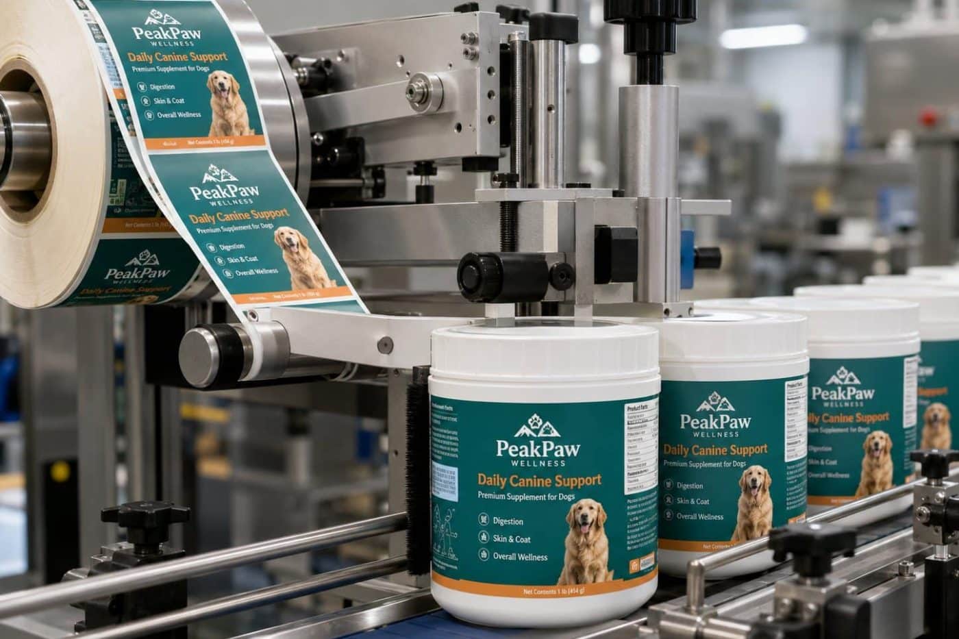 Labelling line applying printed pet supplement labels to tubs on a production conveyor