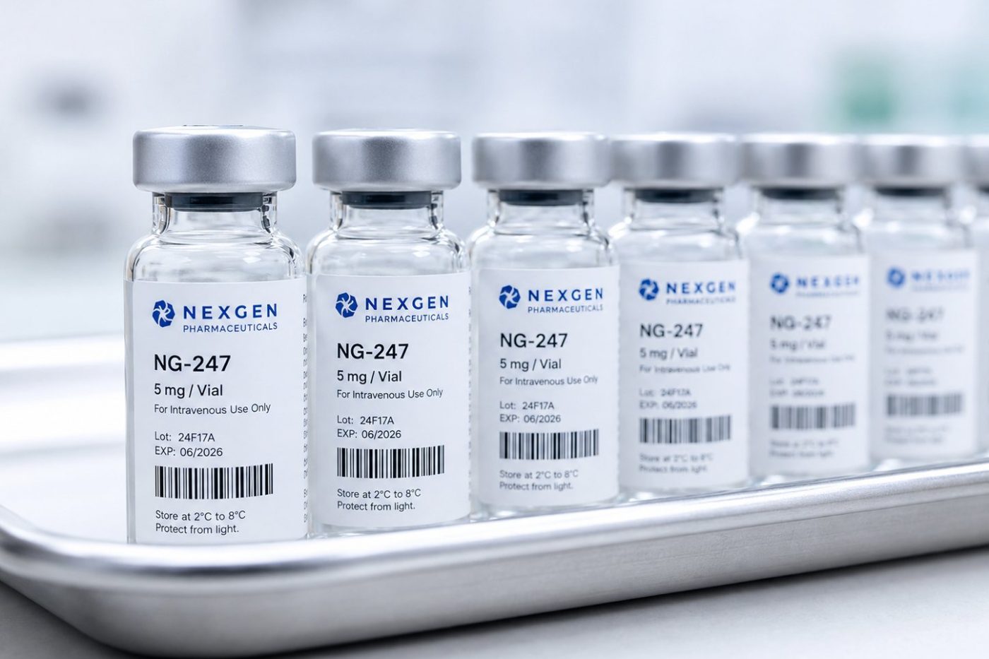 Row of pharmaceutical vials on a tray with labels carrying lot number, expiration date, and storage conditions