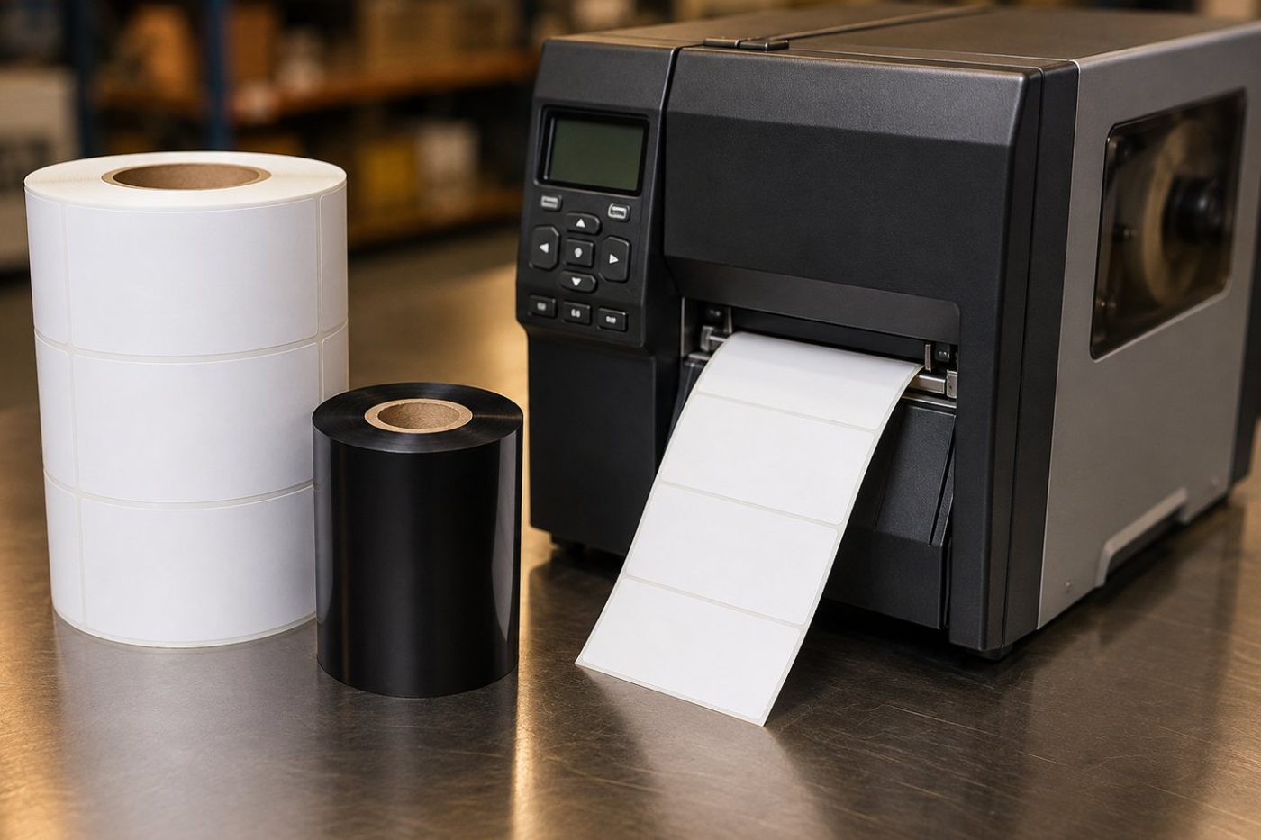 Industrial thermal transfer printer beside a roll of blank labels and a black thermal transfer ribbon
