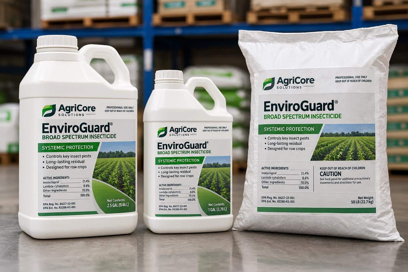 Two pesticide jugs and a bag on a warehouse bench, each with a printed product label