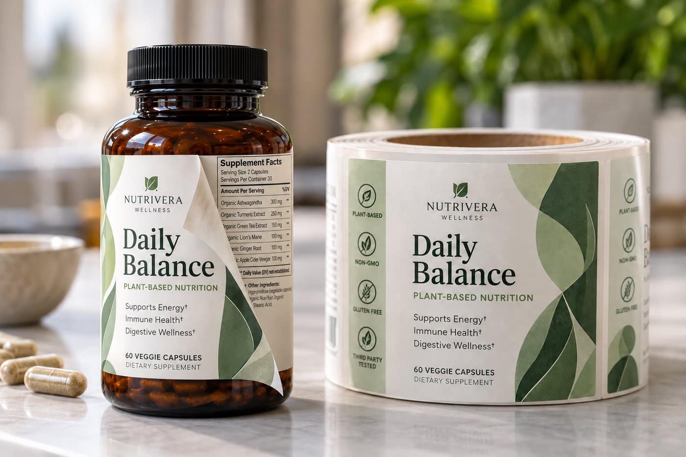 Supplement bottle wearing a peel-open extended content label beside a roll of the same labels