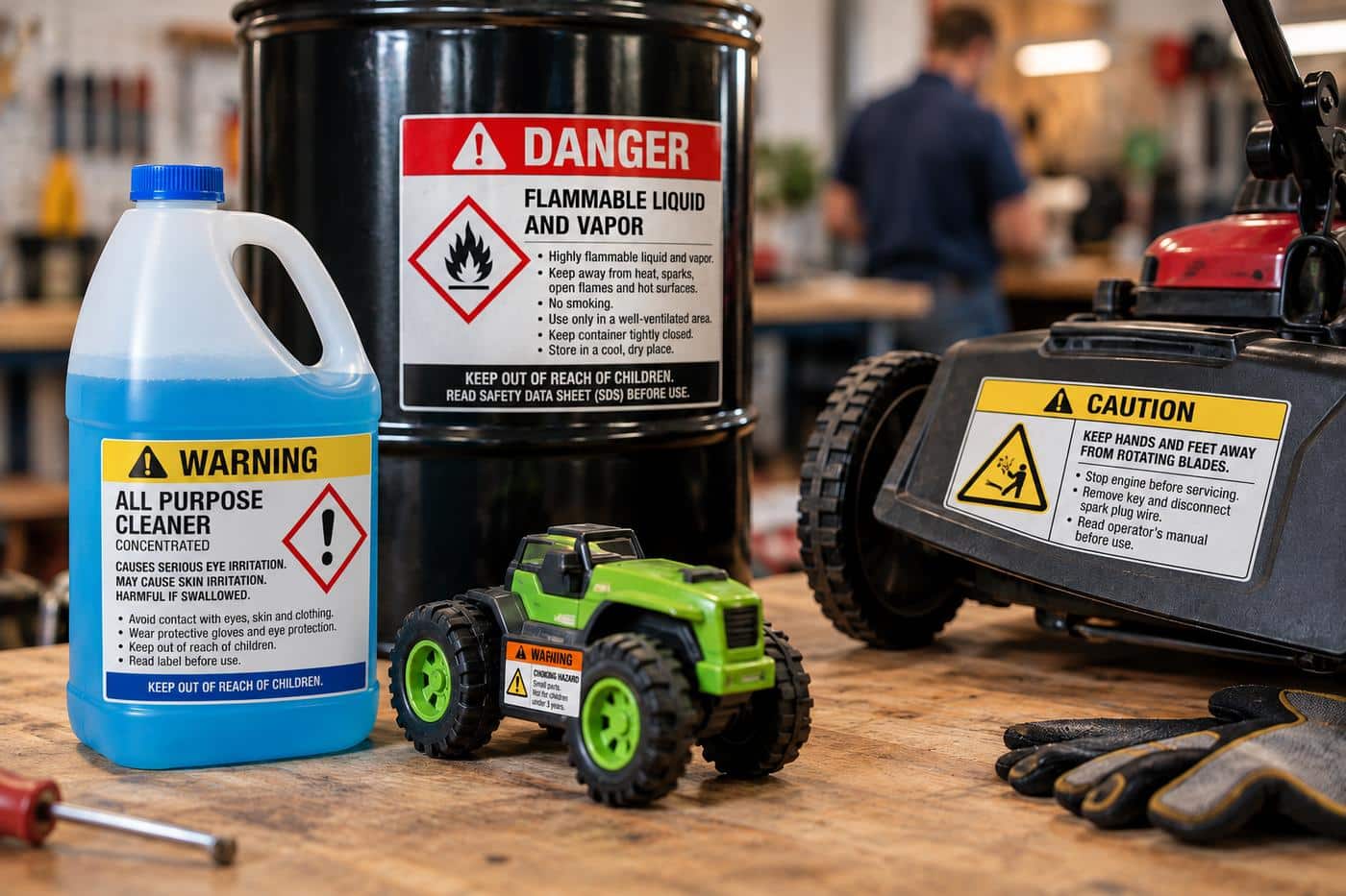 Cleaner jug, chemical drum, toy and lawn mower on a workbench, each carrying DANGER, WARNING or CAUTION safety labels